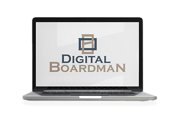 Laptop with a digital boardman logo on its screen