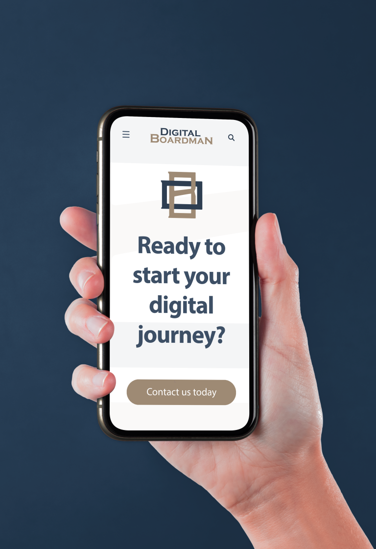 Hand holding a phone with "Ready to start your digital journey? Contact us today