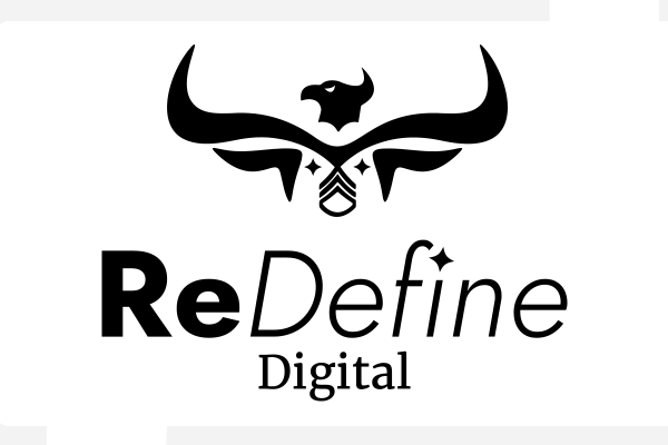 Vertical Redefine logo that is all black with icon on top, redine wordmark in the middle and digital on bottom