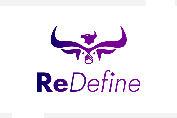 ReDefine Logomark and wordmark Purple Gradient in a vertical layout