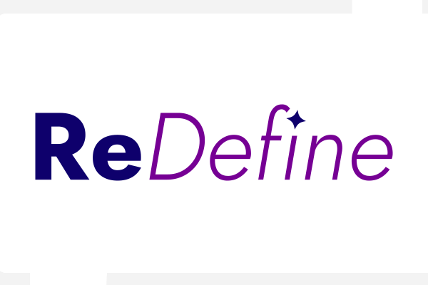 Redefine wordmark. Two-toned purple. RE is dark purple while define is light purple. The dot on the 'i' is a dark purple star