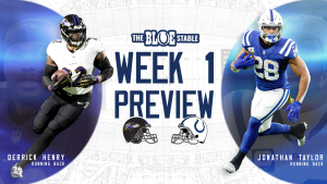 Week 1 Graphic for the Ravens vs. Colts. There is a picture of Derrick Henry on the left and Jonathan Taylor on the right